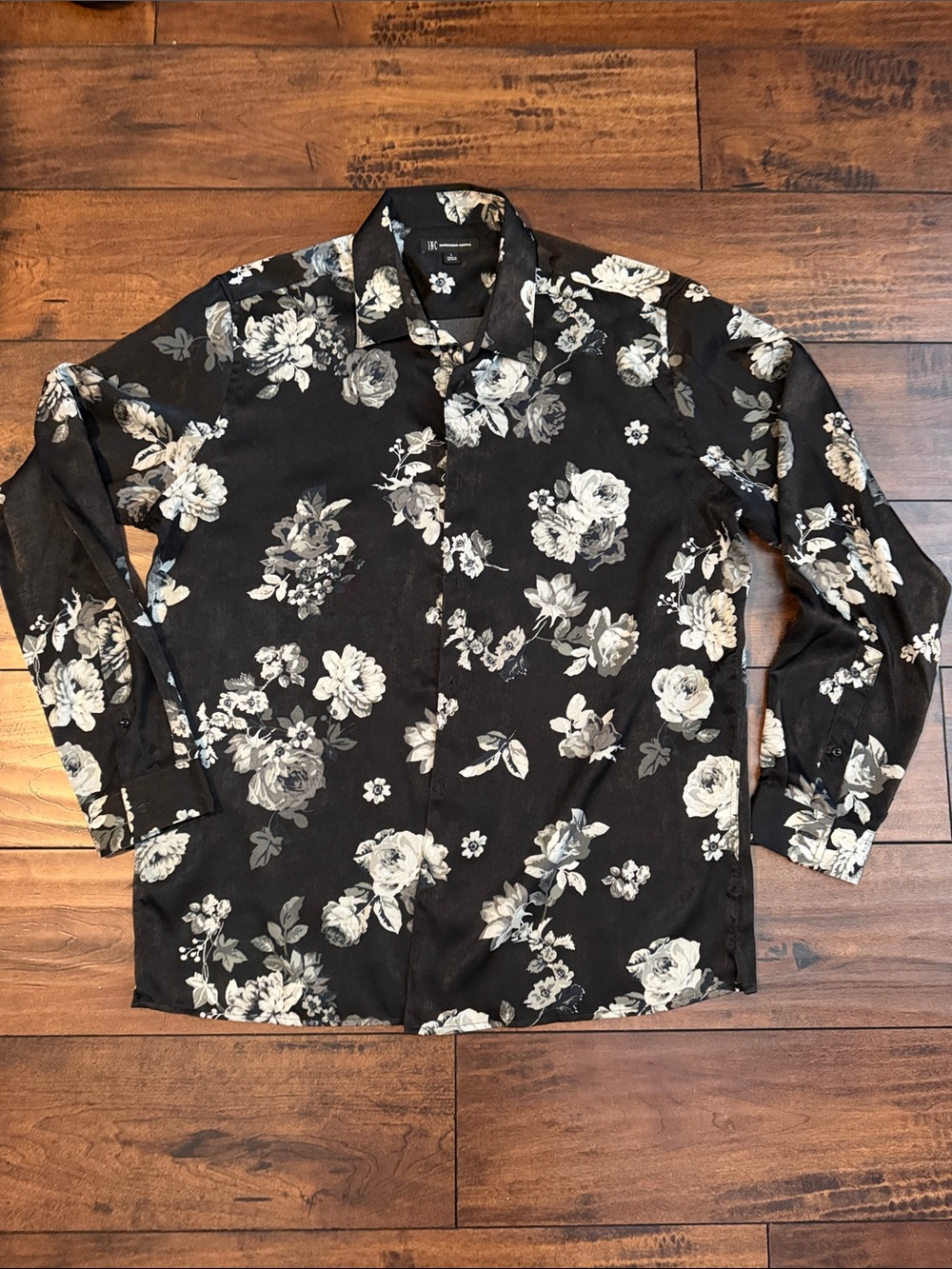 INC International Concepts Black Button-Down Shirt with White Floral Print